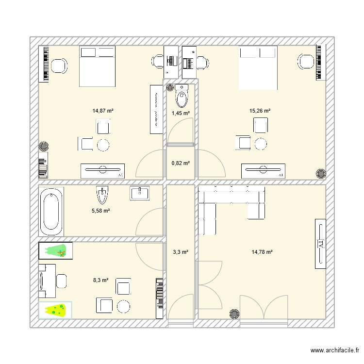 batiment. Plan de 8 pièces et 64 m2