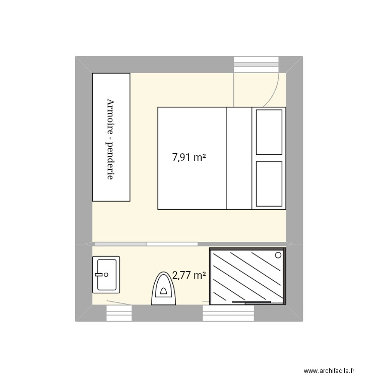 Sdb. Plan de 2 pièces et 11 m2