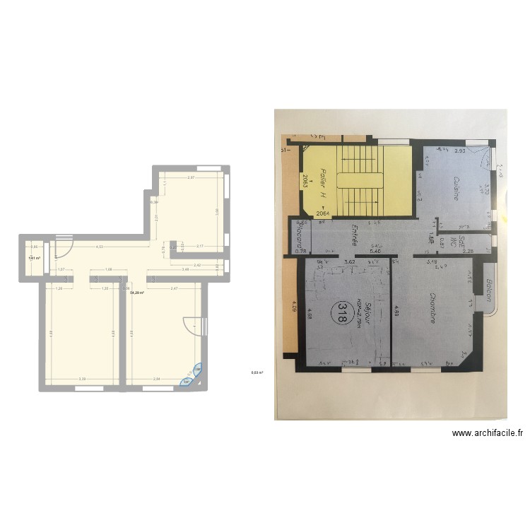 PLAN EB. Plan de 3 pièces et 56 m2