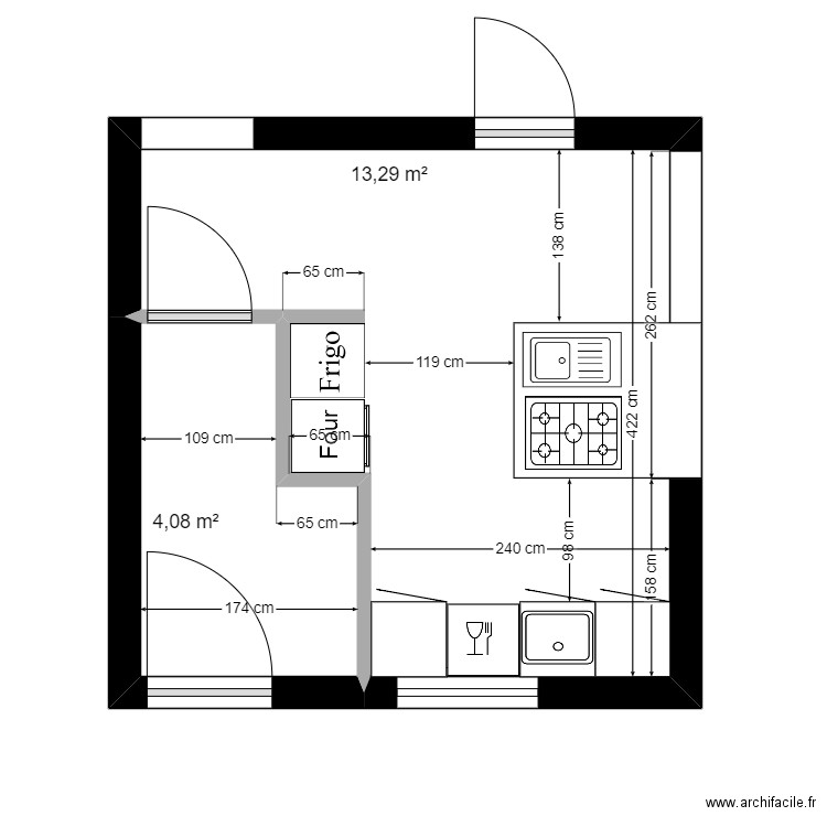 Cuisine. Plan de 2 pièces et 17 m2