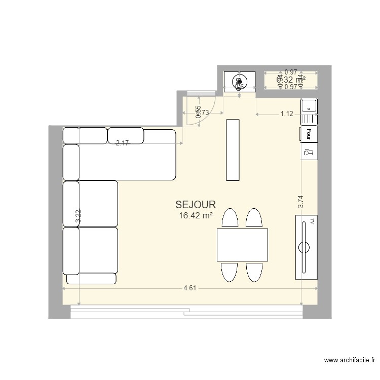 Séjour CAP. Plan de 2 pièces et 17 m2