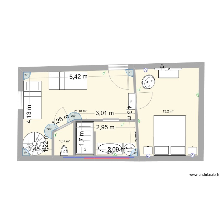 Chambre. Plan de 3 pièces et 36 m2
