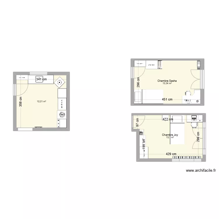 Amenagement Chambre sasha, joy et buanderie. Plan de 