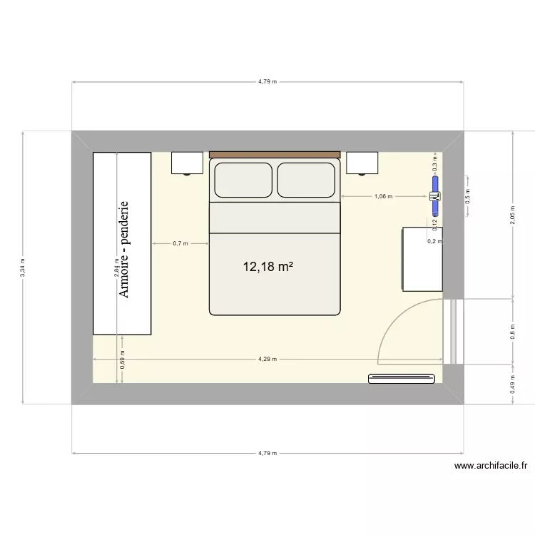 chambre. Plan de 1 Pièce et 12 m²