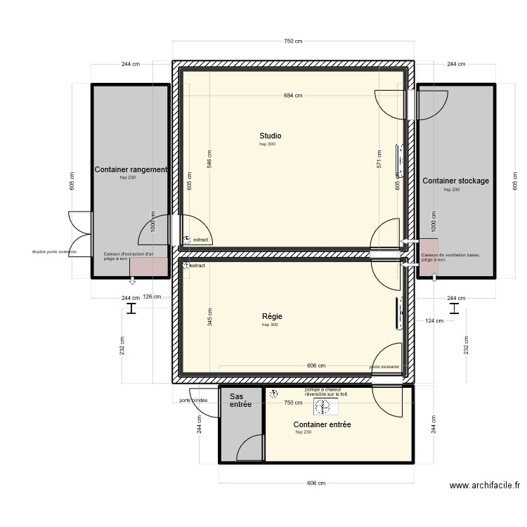 Plan projet Studio cité. Plan de 8 pièces et 169 m2