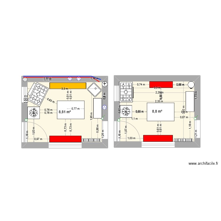 cuisine 1 et 2. Plan de 2 pièces et 18 m2