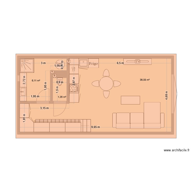 GRAILLE. Plan de 3 pièces et 44 m2