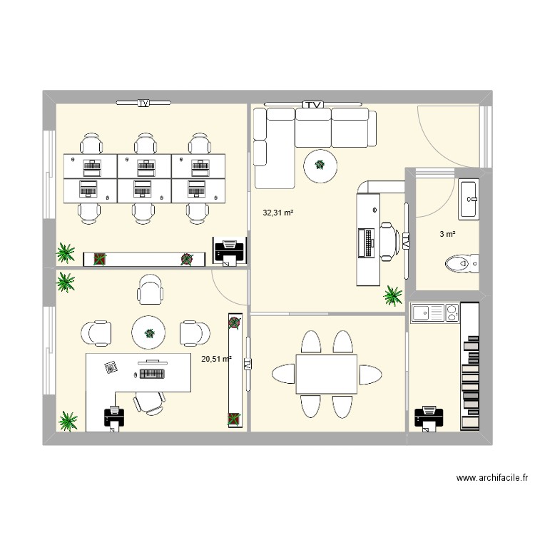 Bureau niza 1. Plan de 3 pièces et 56 m2