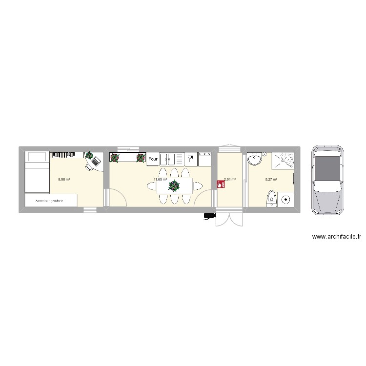 conteneur. Plan de 4 pièces et 29 m2