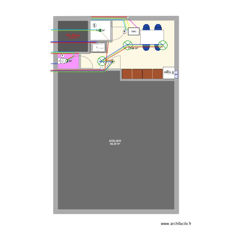 vestiaire plus repas atelier. Plan de 4 pièces et 80 m2