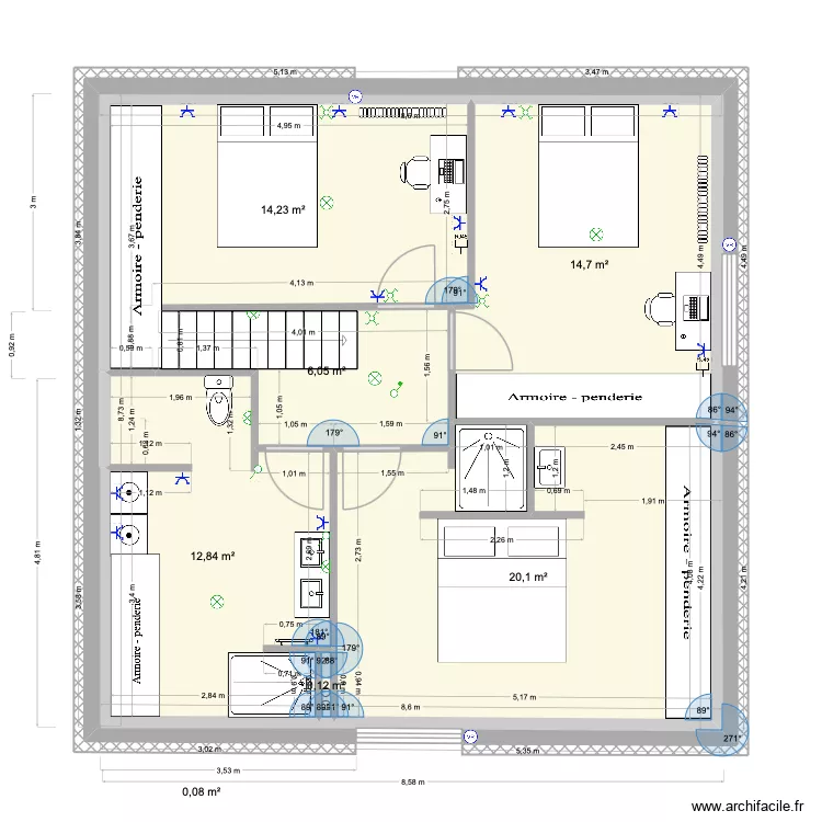 2e &eacute;tage d&eacute;finitif variante 1. Plan de 7  et 68 m²