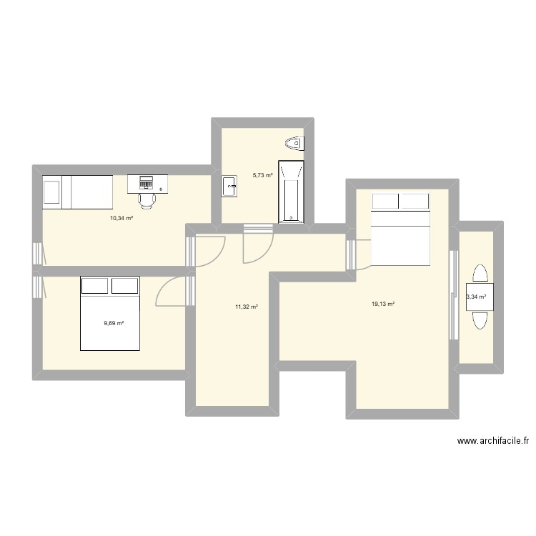 1er etage. Plan de 6 pièces et 60 m2
