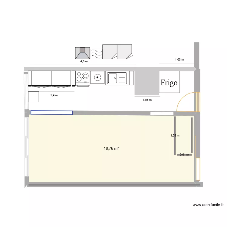 cuisine pour mesures. Plan de 1  et 19 m²