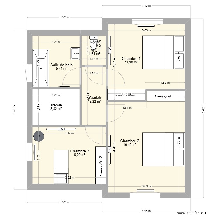 Plan Montignyy étage. Plan de 7 pièces et 52 m2