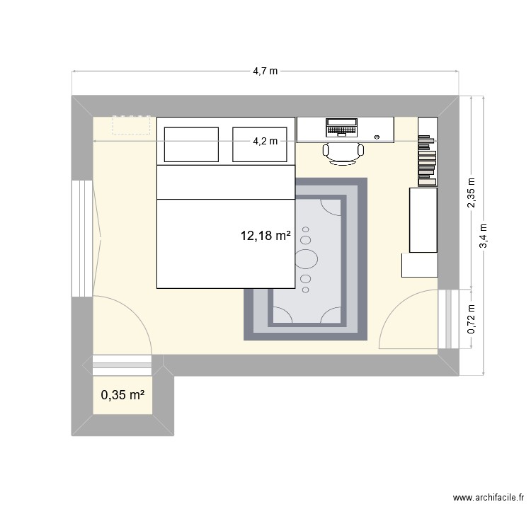 Chambre actuelle. Plan de 2 pièces et 13 m2