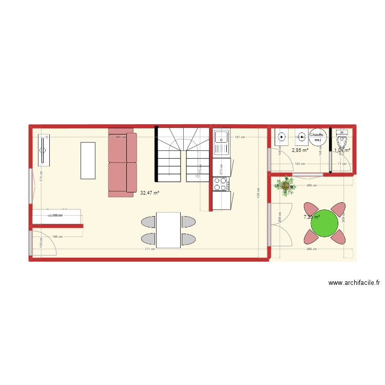 1er étage 1ere version. Plan de 4 pièces et 44 m2