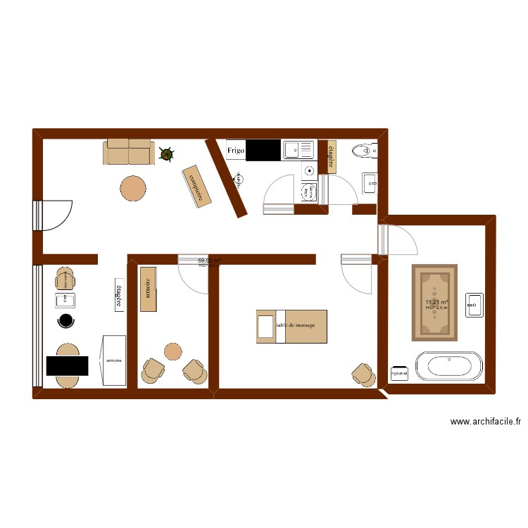 tfe. Plan de 2 pièces et 70 m2