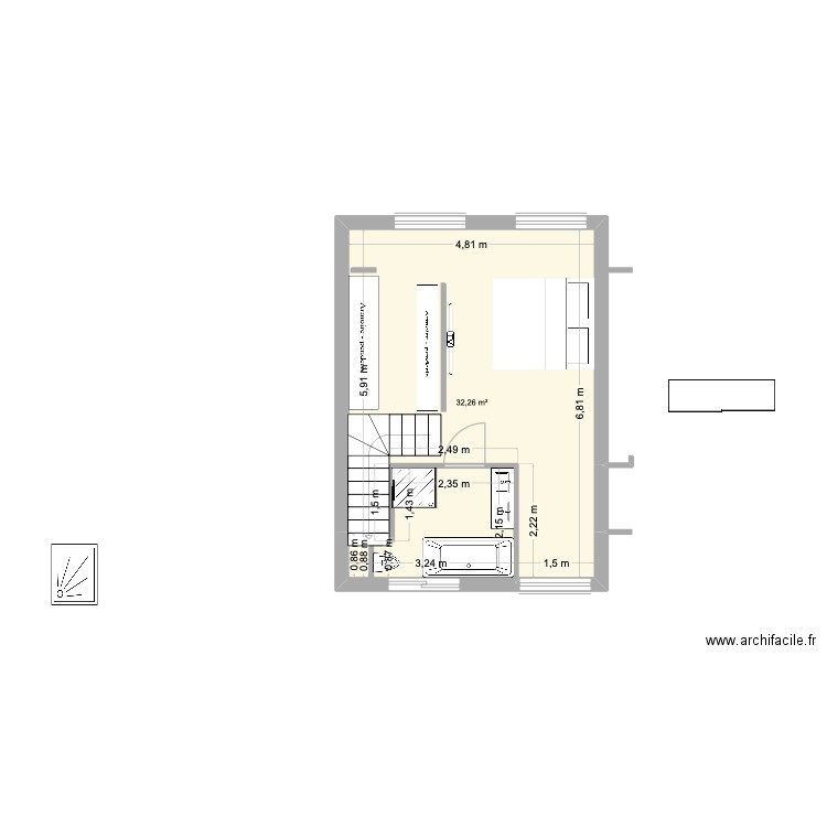 Comble plan N°4  avecgrande salle de bains. Plan de 1 pièce et 32 m2