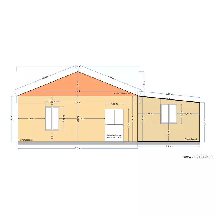 Plan FA&Ccedil;ADE EST monopente. Plan de 1  et 10 m²