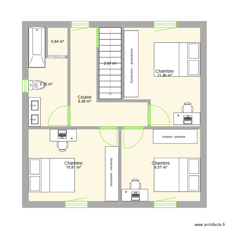ETAGE. Plan de 7 pièces et 47 m2