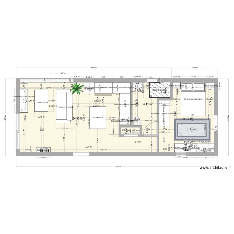 studio 4. Plan de 4 pièces et 40 m2