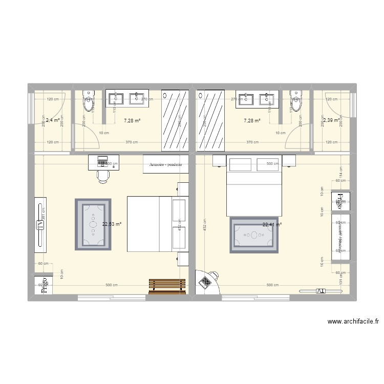 orientation lit. Plan de 6 pièces et 64 m2