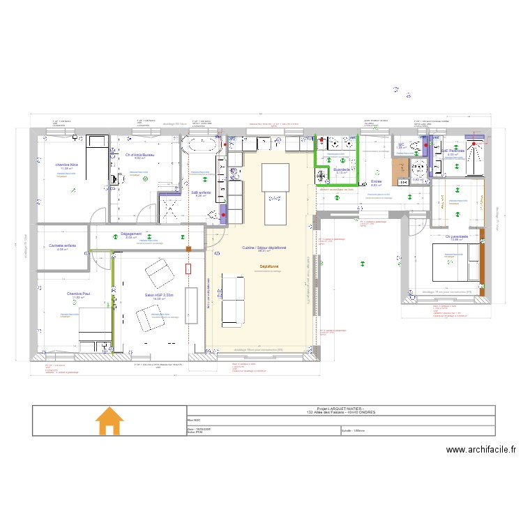 projet  LARQUET/WATIER : plan modif entrée 10.04.25. Plan de 14 pièces et 136 m2
