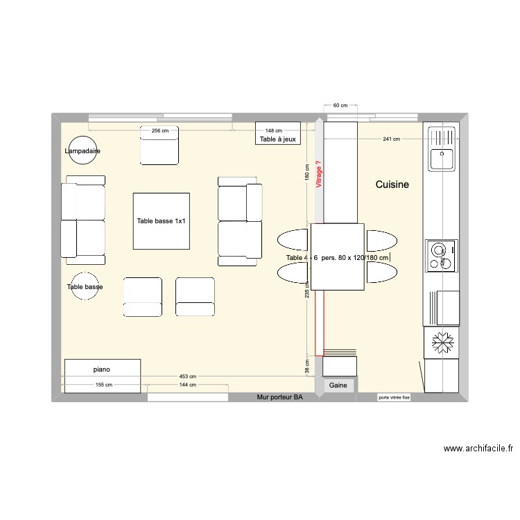 Cuisine en  double I + table au milieu. Plan de 3 pièces et 33 m2