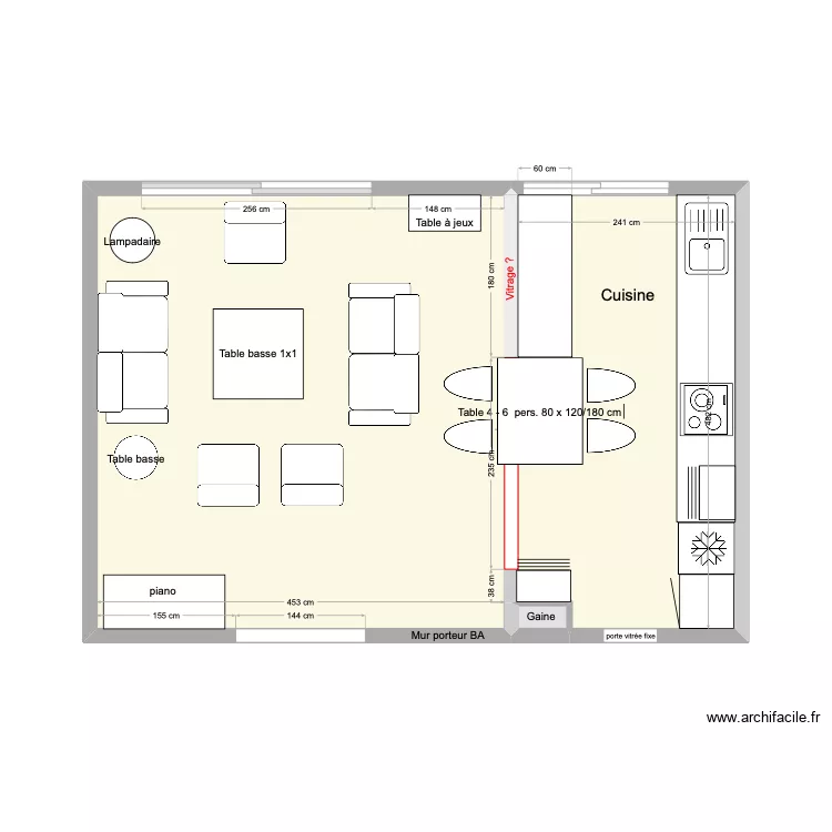 Cuisine en  double I + table au milieu. Plan de 