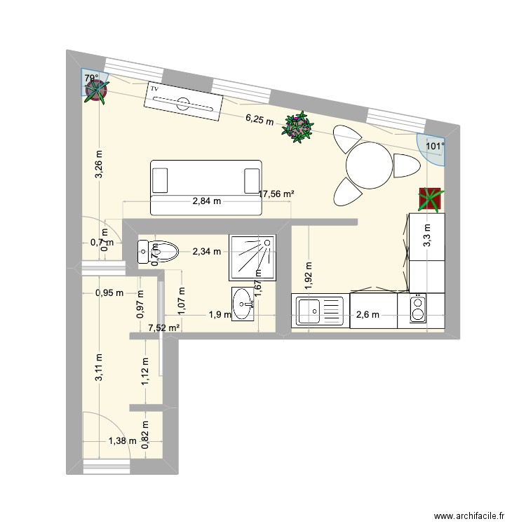 studio 30m2. Plan de 2 pièces et 25 m2