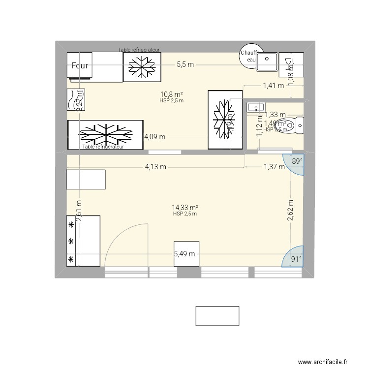 Plan du resto La Cantina. Plan de 3 pièces et 27 m2