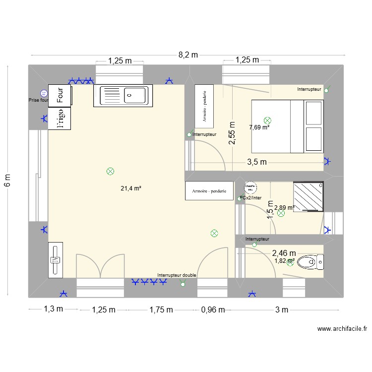 tonton Jhon. Plan de 4 pièces et 34 m2