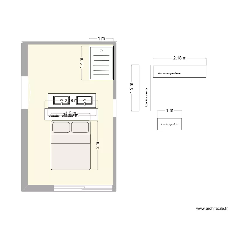 Chambre parental 2026 ouverture terrasse. Plan de 1 Pièce et 20 m²