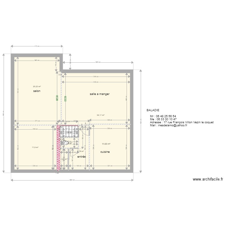 baladié. Plan de 8 pièces et 74 m2