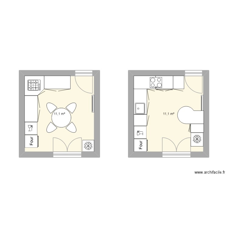 cuisine actuelle + projet. Plan de 2 pièces et 22 m2