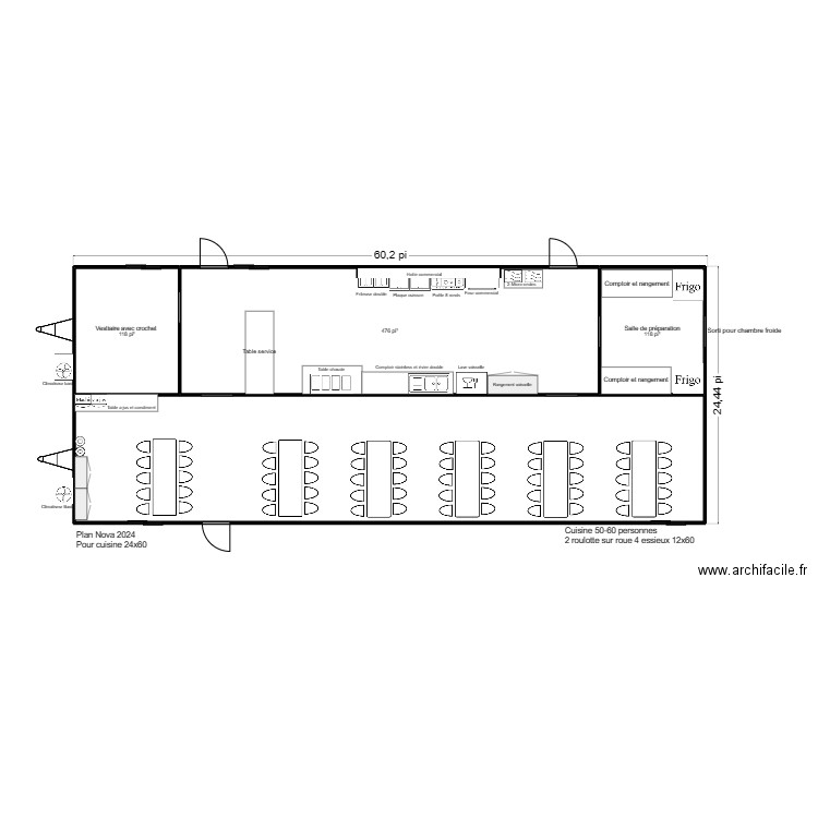 Cuisine 24x60. Plan de 4 pièces et 133 m2