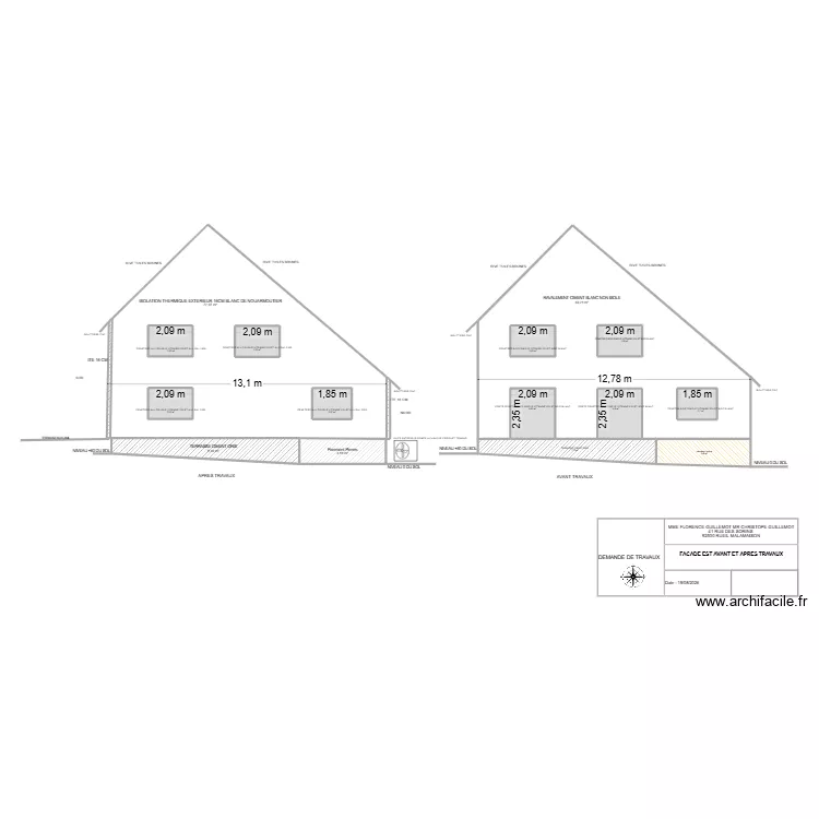 FACADE EST AVANT ET APRES TRAVAUX. Plan de 15  et 224 m²