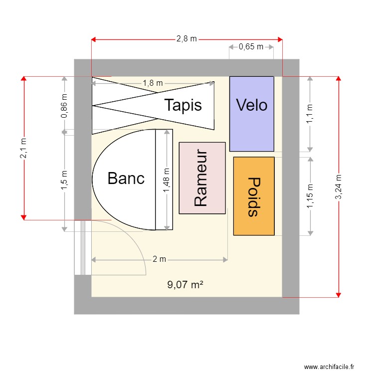 sds2. Plan de 1 pièce et 9 m2