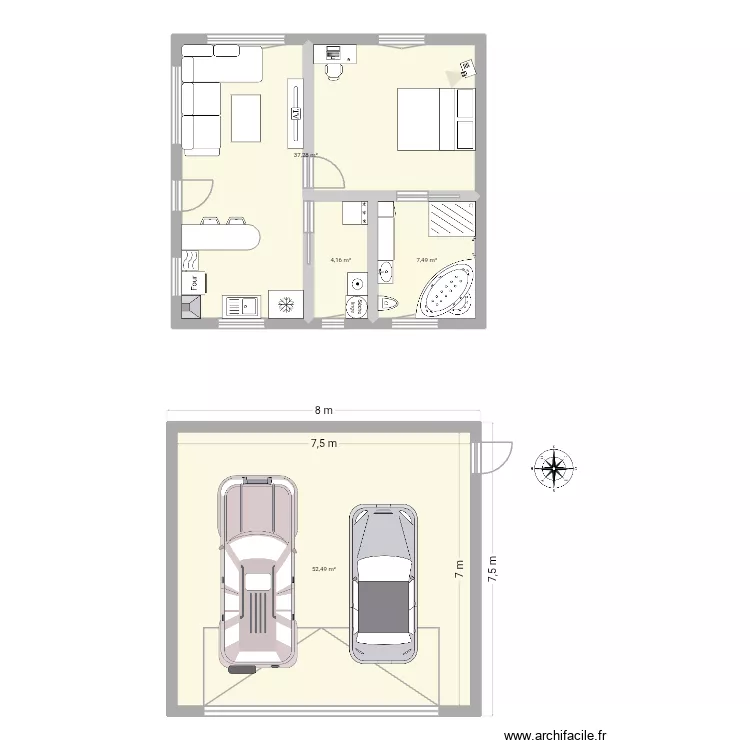 Garage + &eacute;tage. Plan de 4  et 101 m²