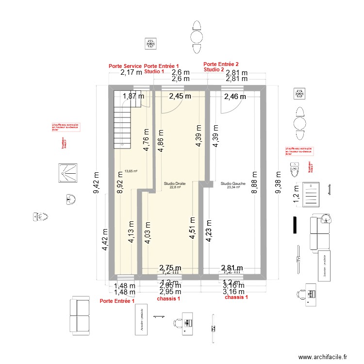 immeuble 1 RDC V2-b 2 studios. Plan de 3 pièces et 60 m2