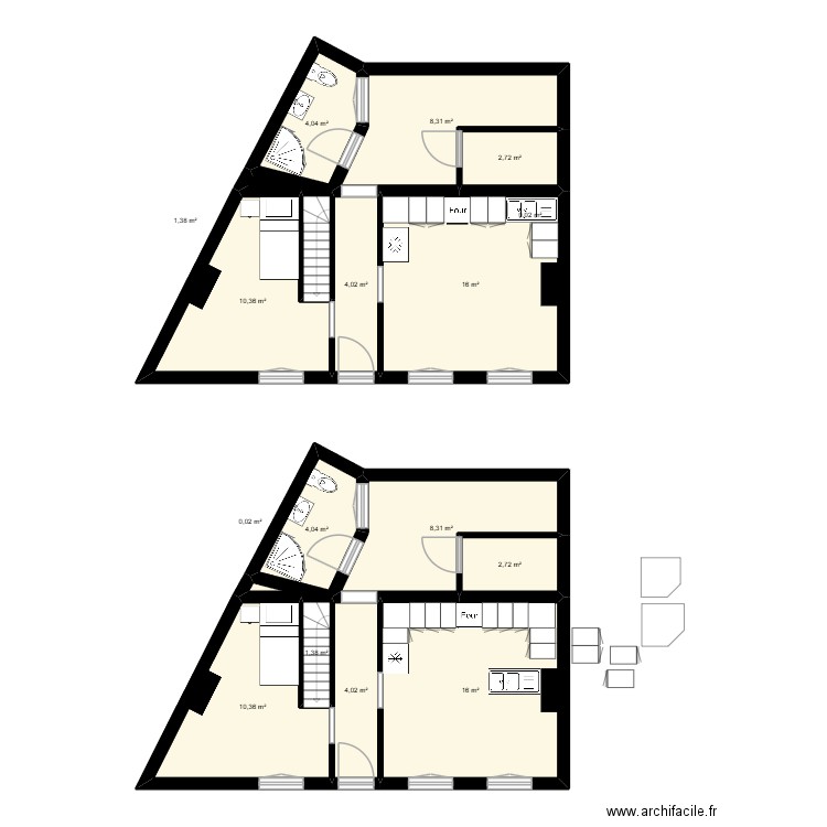 Maison Hénin. Plan de 16 pièces et 94 m2