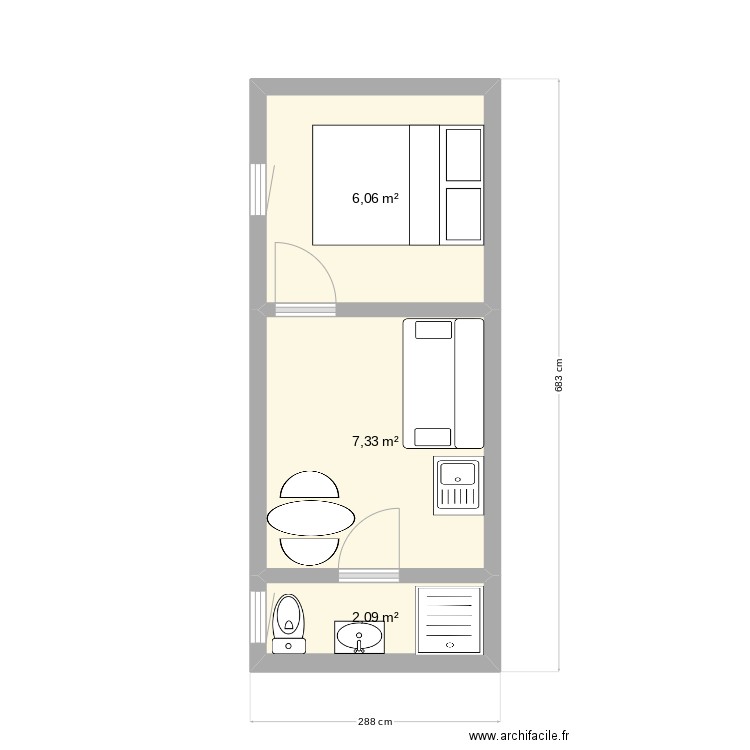 plan studio. Plan de 3 pièces et 15 m2