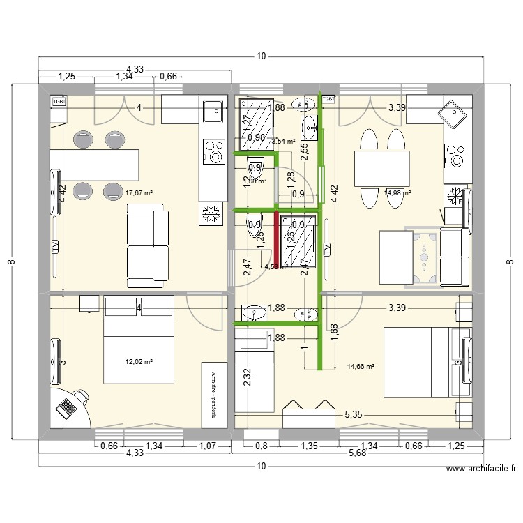 Rdc  3ème version. Plan de 7 pièces et 68 m2