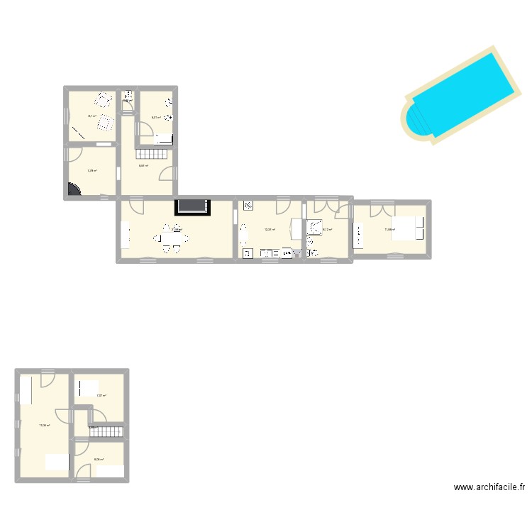 RDC B. Plan de 13 pièces et 119 m2