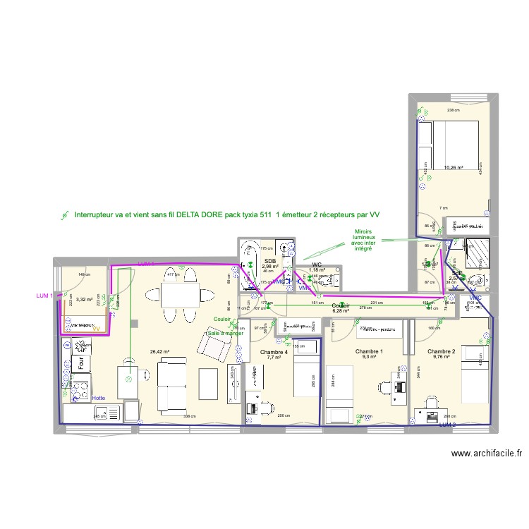 02 Boulogne plan éclairage. Plan de 11 pièces et 81 m2