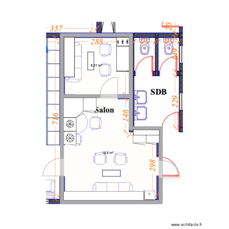 Cuisine rotary Club. Plan de 2 pièces et 27 m2