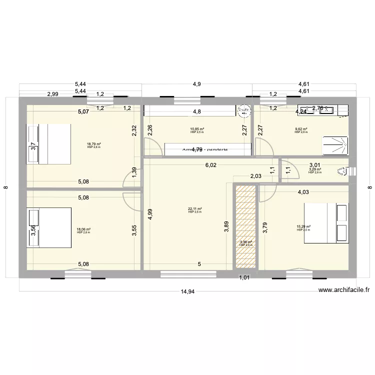 CDV5.3. Plan de 14 pièces et 229 m²