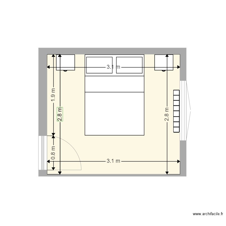 chambre. Plan de 1 pièce et 9 m2