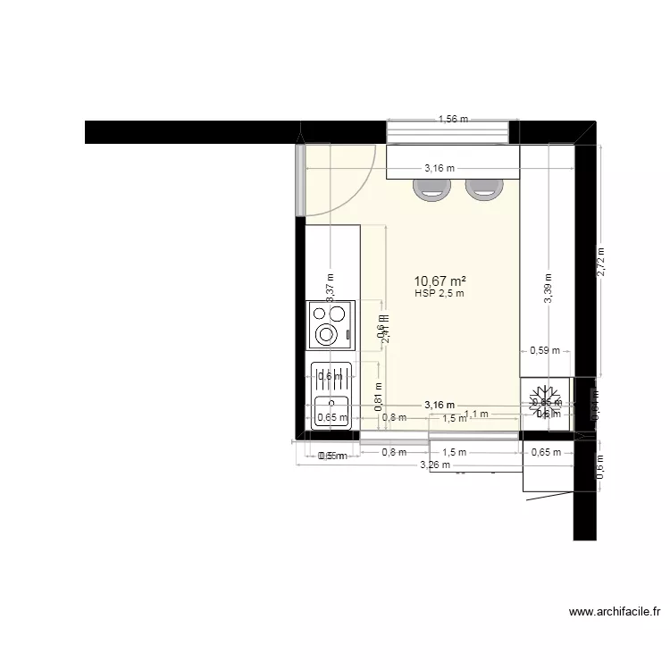 les luciolles cuisine. Plan de 1  et 11 m²