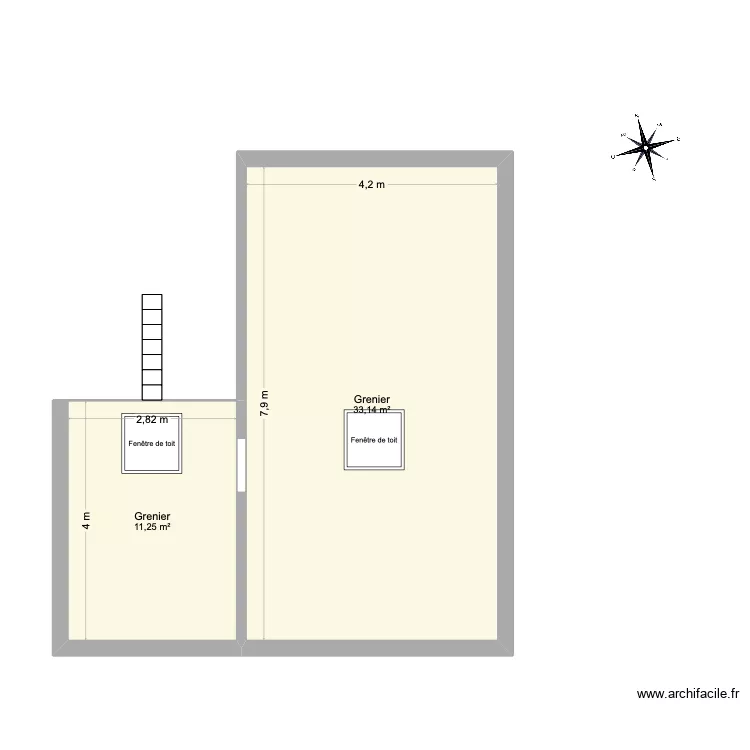 Grenier du garage. Plan de 2 pièces et 44 m²